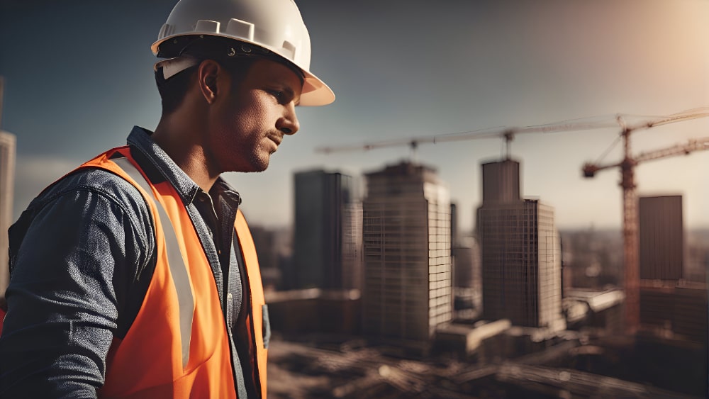 Construction worker inspecting a high-rise site